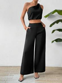 Chiquease Conjunto De Pantalón Y Top Sin Mangas Con Un Solo Hombro Para Mujer