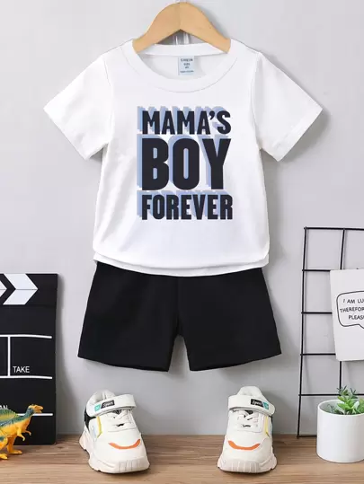 SHEIN Young Boy Short Sleeve Comfortable And Letters & Patterns Print T-Shirt, Summer