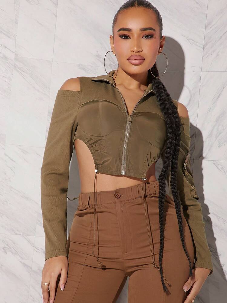 Mixed Media Drawstring Cut Out Jacket