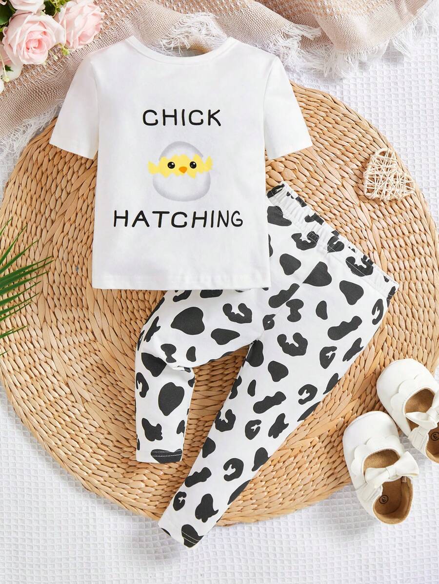 SHEIN Baby Girls' Easter Animal Pattern Short Sleeve Top And Printed Pants Snug Fit Home Outfit Set - Black and White - View 1