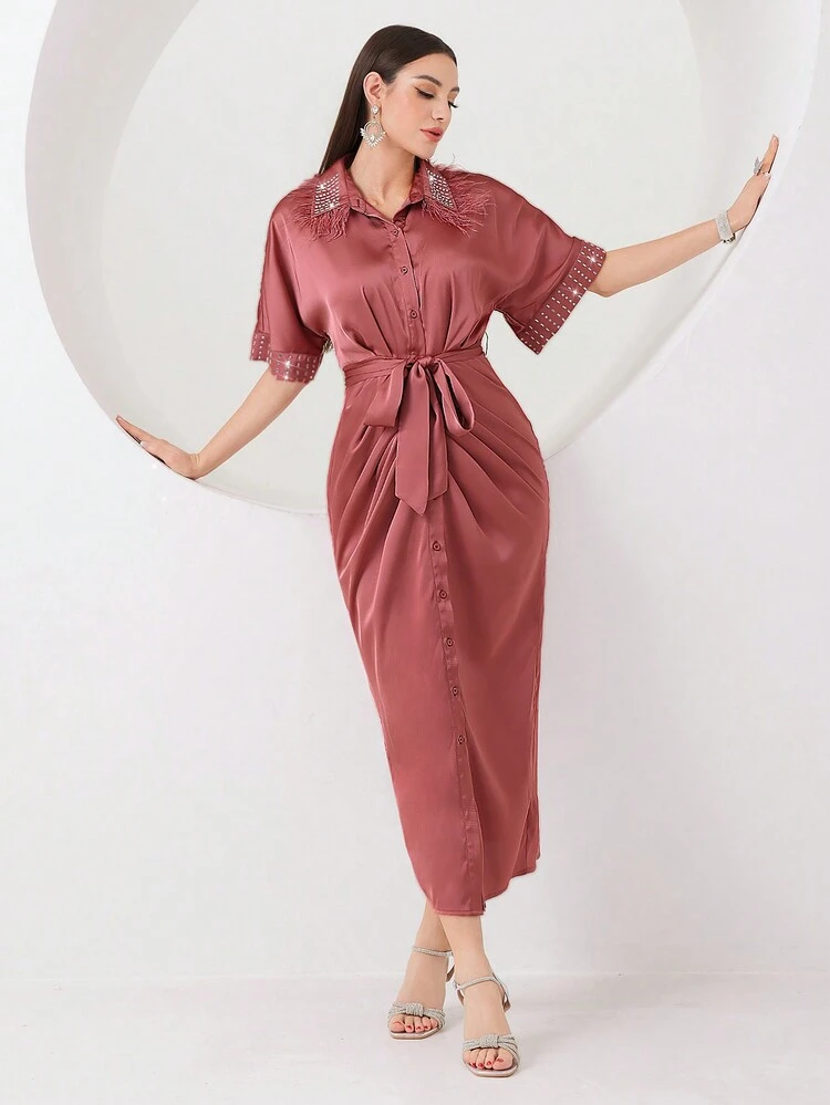 Women's Rhinestone Button Plaid Patchwork Fleece Hem Cardigan Dress Long Evening Dresses