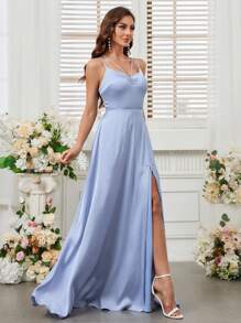 SHEIN Belle 女士雙肩頸褶皺細節高側開叉連衣裙，後綁帶空心藍色緞子浪漫成人伴娘裙 - 藍色 - 查看 4