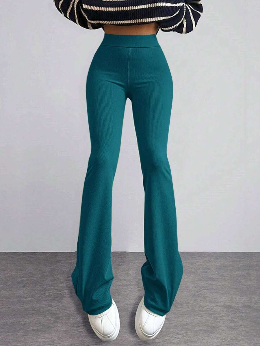 EURMUSE Solid Flare Leg Pants - Dark Green - View 1