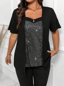 Calvaya Plus Size Decor Soft Contrast Sequin Short Sleeve T-Shirt And Fitted Pants Casual 2 Pieces Outfits For Summer