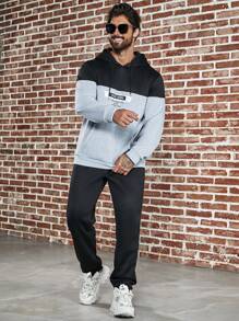 Manfinity Homme Nam Slogan In Khối màu Dây rút Hoodie Và Quần thể thao Bộ - Nhiều màu - Xem 5