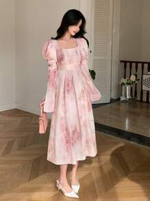 DAZY Ink-Washed A-Line Dress With Cinched Waist And Flared Sleeves Floral,Ruffle,Fall Dress