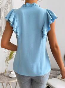 SHEIN Privé Solid Color Ruffle Edge Stand Collar Shirt - Blue - View 2