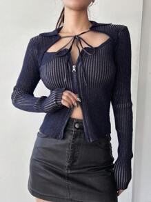 DAZY Stretchy Long Sleeve Tie Waist Zip Up Hollow Out Cardigan For Women,Long Sleeve Tops,Fall Clothes - Blue - View 8