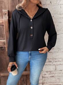 Calvaya Áo nỉ cổ bẻ cài nửa khuy dành cho nữ cỡ lớn - màu đen - Xem 4