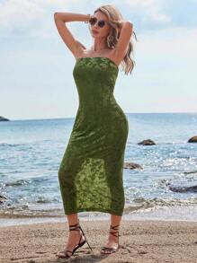 GENKIRA Floral Print Sleeveless Bandeau Dress - Green - View 4