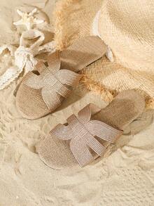 女款平底涼鞋,開放式腳趾與羅馬風格編織設計,適合夏季/秋季/海灘/戶外/休閒/度假穿著,卡其色編織鞋面 - 卡其色 - 查看 4