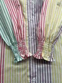 Áo sơ mi tay dài cổ bẻ họa tiết sọc, dáng ôm, chất liệu sợi polyester, nhiều màu sắc, phong cách tối giản thường ngày, phù hợp mặc đi làm, mọi mùa, áo kiểu, thích hợp cho ngày Valentine và mùa xuân. - Màu vàng - Xem 4