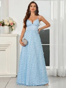 SHEIN Belle Elegant Romantic Sky Blue With Floral Butterfly Embellishments Spaghetti StrapsDeepVNeckline And Flowy A-Line Dress (Heavy Duty) Women's Evening Dress