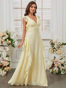 SHEIN Belle Thanh lịch lãng mạn màu vàng nhạt không tay Váy xòe cạp cao Sứa cạnh chắp vá Cổ chữ V Phục sinh lãng mạn có viền xếp nếp và thiết kế hở lưngVáy phù dâu - Màu vàng - Xem 4