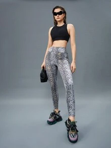 Innovista 夏季蛇紋印花高彈性臀部提升控腹運動打底褲,附手機袋,超豪華運動裝,搭配配件2024 - 彩色 - 查看 4