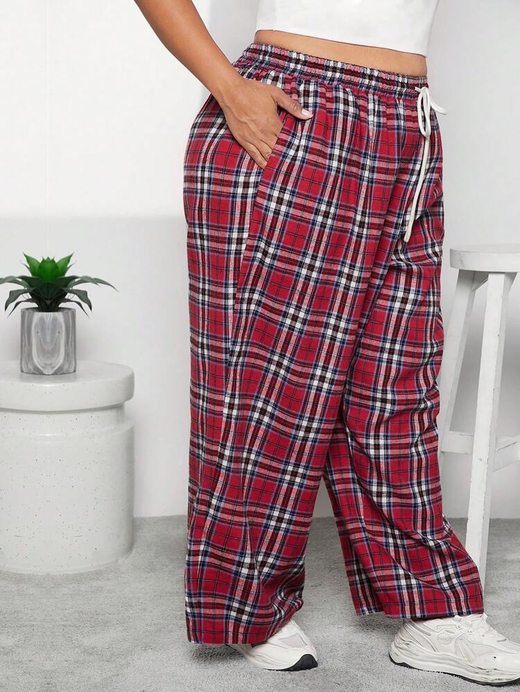 Plus Size Checkered Patch Cargo Pants With Drawstring Waist Detail