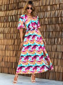 SHEIN Clasi 全印花深 V 領開衩下擺收腰連身裙 - 彩色 - 查看 4