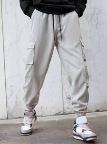 Manfinity Homme Pantalones cargo de unicolor para hombres, pantalones largos lisos con cordón para salir, para regalos de esposo o novio, para otoño - Gris Claro - Ver 7