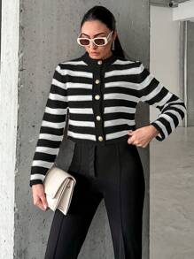 EURMUSE Women's Color-Block Striped Cropped Cardigan With Open Front - Black - View 5