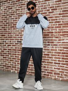 Manfinity Homme Nam Slogan In Khối màu Dây rút Hoodie Và Quần thể thao Bộ - Nhiều màu - Xem 4