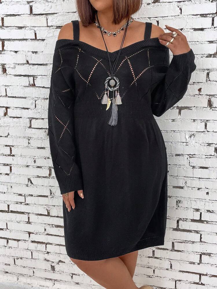 Plus Size Cold Shoulder Knitted Sweater Dress With Sheer Panel And Diamond Pattern