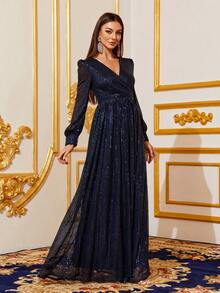 Faeriesty 交叉领长袖亮片派对礼服