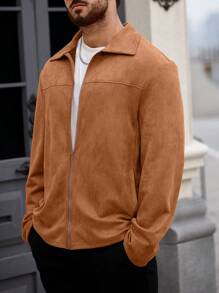 Manfinity Homme 男士純色折領寬鬆外套 - 棕色 - 查看 5