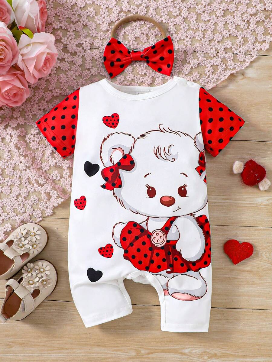 SHEIN Baby Girl Cartoon Printed Short Sleeve Romper With Round Neck