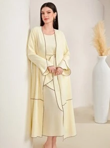 Al Najma Women'S Contrast Color Border Long Sleeve Dress Two Piece Set - Yellow - View 5