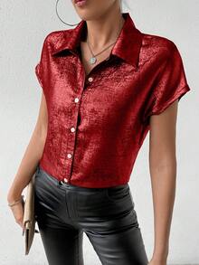 SHEIN Privé 女士亮面蝙蝠袖襯衫 - 紅色 - 查看 3