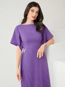 Modelyn Women'S Round Neck Solid Color Dress With Pleated Hem Dress, Elegant Evening Party Dress Long Evening Dresses