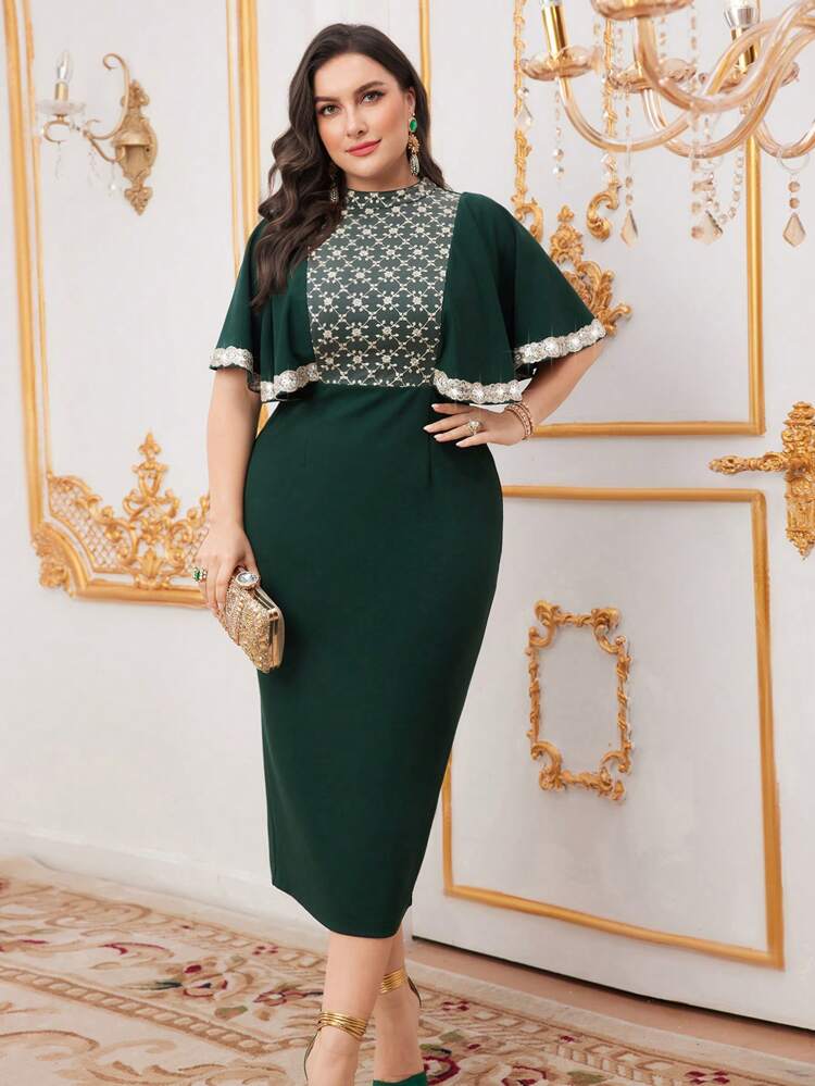 Plus Size Embroidered Patchwork Glitter Strap Dress Long Evening Dresses