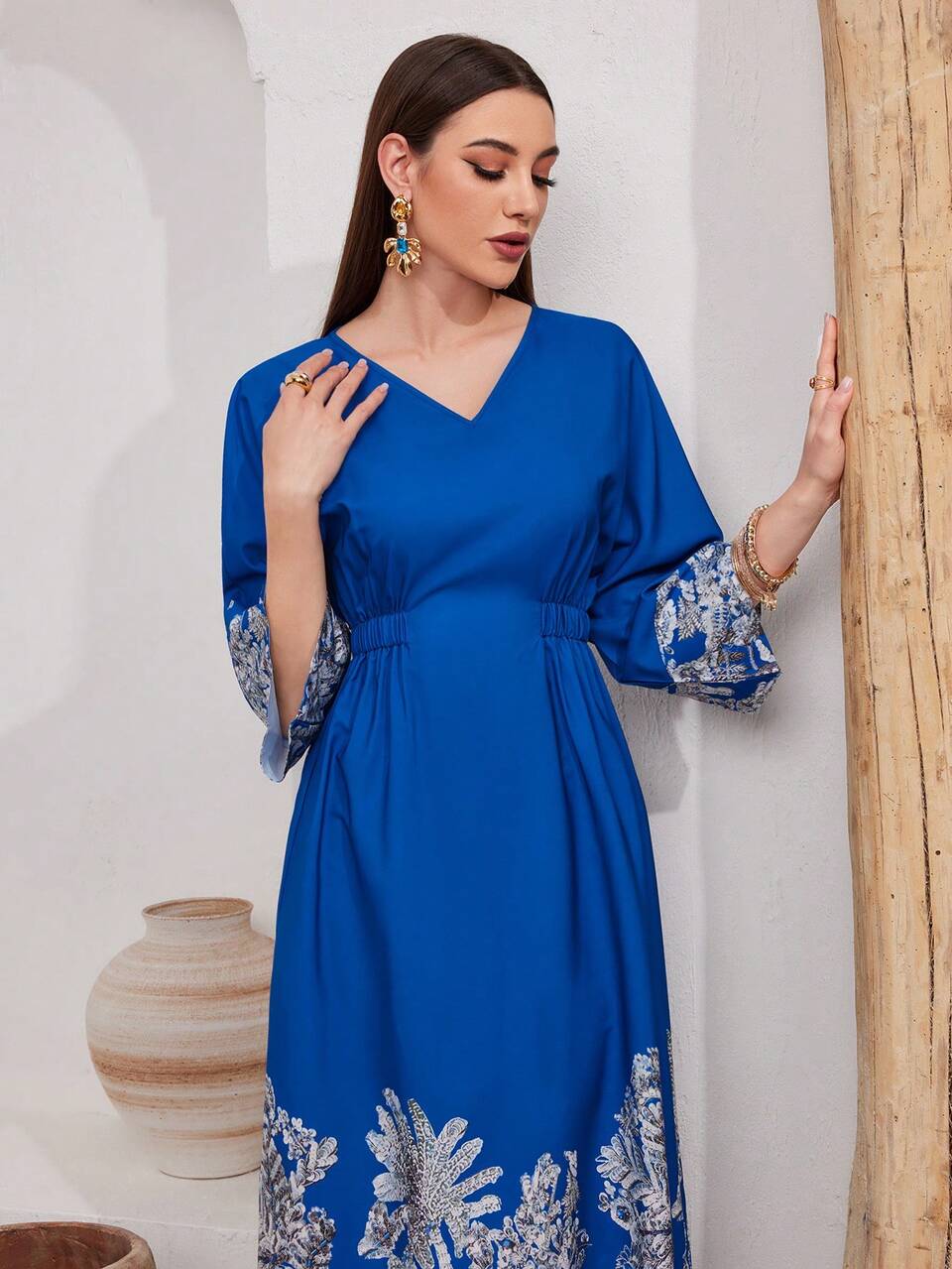 Women's Printed Patchwork V-Neck Belted Dress