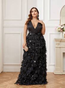 SHEIN Belle Plus Size Women's Beaded Tassel Contrast Mesh A-Line Dress With Color Block, For Evening Party Formal Dress - Black - View 7