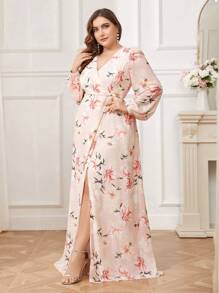 SHEIN Belle Plus Size Women's Floral Print Split Bridesmaid Dress - Multicolor - View 3
