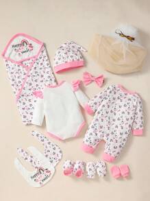 SHEIN Cute Newborn Baby Gift Set With Fruit & Rainbow Print Long Sleeve Bodysuit And Jumpsuit, Unisex Casual Style, For Spring/Summer Seasons