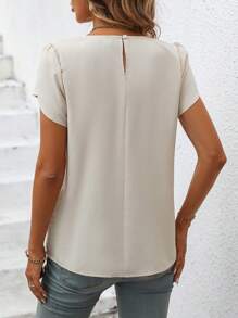 SHEIN LUNE Solid Color Pleated Puff Sleeve Shirt - Apricot - View 2