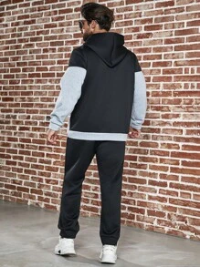 Manfinity Homme Nam Slogan In Khối màu Dây rút Hoodie Và Quần thể thao Bộ - Nhiều màu - Xem 2