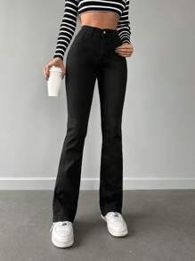 EURMUSE 96% Cotton Women Casual Solid High Waist Flare Leg Jeans - Black - View 3