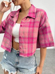 SHEIN EZwear 粉色格子紋編織垂墜肩襯衫 - 粉色 - 查看 3