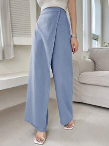SHEINNeu Quần ống rộng dệt rộng bất đối xứng cho nữ - Màu xanh nhạt - Xem 3