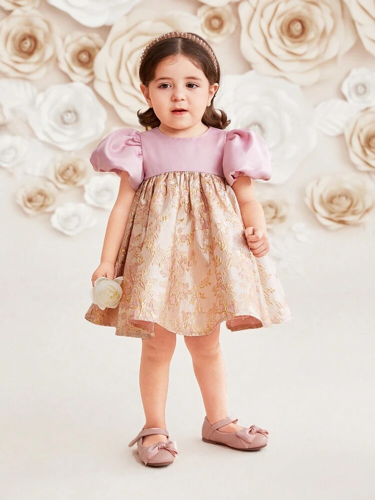 DRMZ Baby Girl Baby Girl Gorgeous Satin Bubble Short Sleeve Dress With Gold Floral Applique