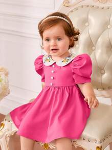 SHEIN Fern Glow  Baby Girl Elegant Embroidered Bubble Sleeve Dress - Hot Pink - View 1