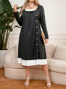 SHEIN LUNE Vestido De Talla Grande Con Botones Y Adornos En Bloque De Colores - Gris - Ver 6