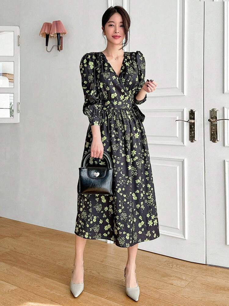 Women's Floral Printed Knot Detail Side Slit Dress,Fall Dress Long Sleeve Dress Vacation Outfits Women Boho