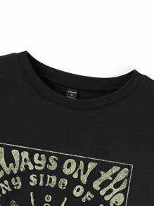 SV Pattern Studio 女士大尺碼寬鬆半袖t恤,圓領線和太陽&臉部印花口號 - 黑色 - 查看 3