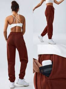 GLOWMODE 單色束口腰運動長褲 - 紅木色 - 查看 7