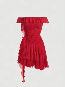 SHEIN X Jessie SHEIN MOD Quý cô 3D Hoa Off Shoulder Ruffle Thắt lưng Viền bất đối xứng Đầm - Đỏ - Xem 1
