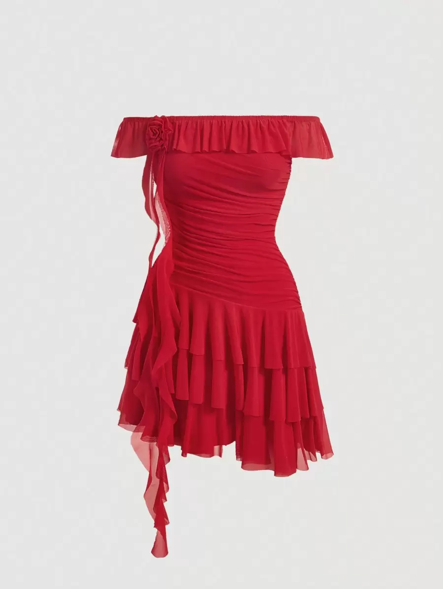 SHEIN X Jessie SHEIN MOD Quý cô 3D Hoa Off Shoulder Ruffle Thắt lưng Viền bất đối xứng Đầm - Đỏ - Xem 1