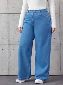 SHEIN Cottnline Plus Size Straight Jeans - Medium Wash - View 5